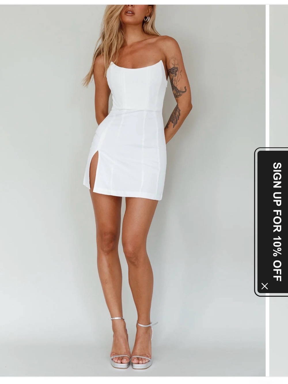Selfie Leslie White Strapless Mini Dress with Side Slit